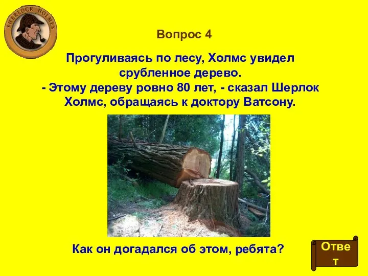 Вопрос 4 Прогуливаясь по лесу, Холмс увидел срубленное дерево. - Этому