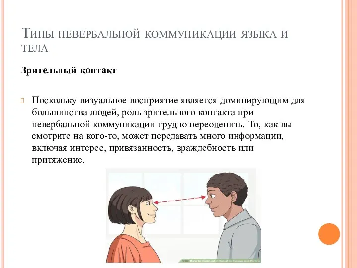 Типы невербальной коммуникации языка и тела Зрительный контакт Поскольку визуальное восприятие