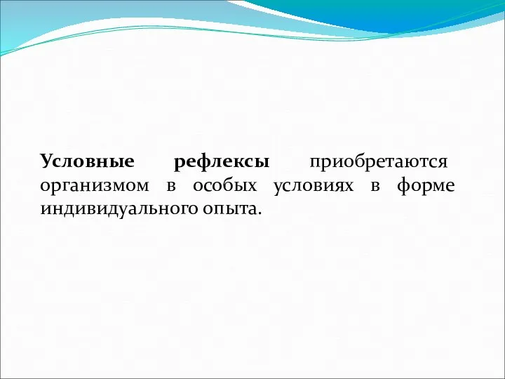 Условные рефлексы приобретаются организмом в особых условиях в форме индивидуального опыта.