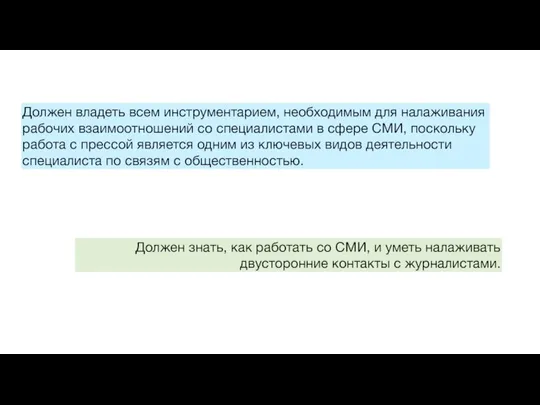 Должен владеть всем инструментарием, необходимым для налаживания рабочих взаимоотношений со специалистами