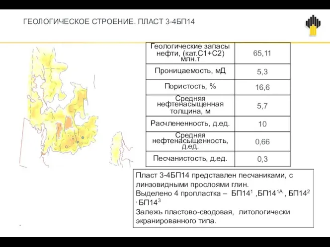 * ГЕОЛОГИЧЕСКОЕ СТРОЕНИЕ. ПЛАСТ 3-4БП14 Пласт 3-4БП14 представлен песчаниками, с линзовидными