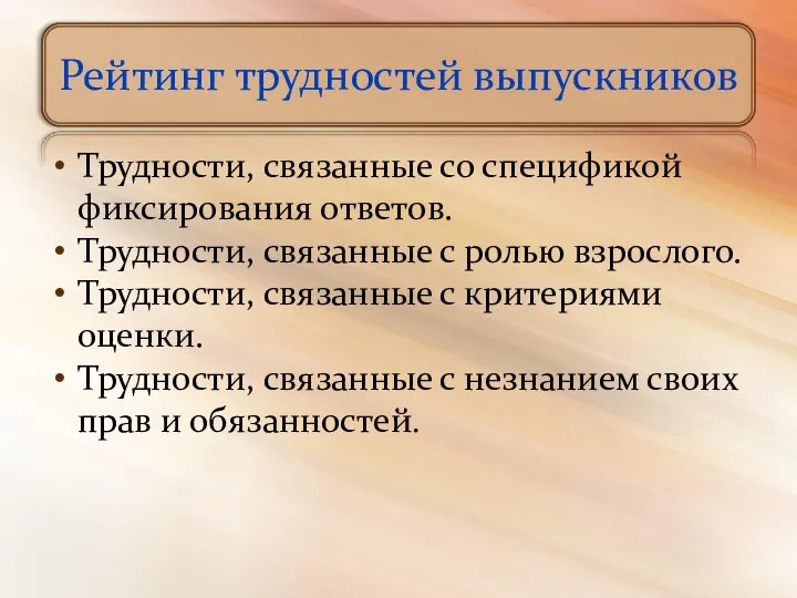 Рейтинг трудностей выпускников Трудности, связанные со спецификой фиксирования ответов. Трудности, связанные