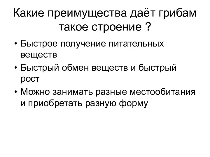 Какие преимущества даёт грибам такое строение ? Быстрое получение питательных веществ