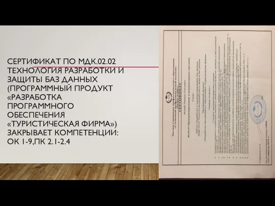 СЕРТИФИКАТ ПО МДК.02.02 ТЕХНОЛОГИЯ РАЗРАБОТКИ И ЗАЩИТЫ БАЗ ДАННЫХ (ПРОГРАММНЫЙ ПРОДУКТ