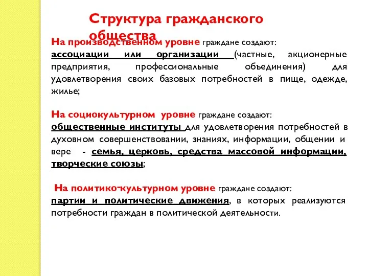 Структура гражданского общества На производственном уровне граждане создают: ассоциации или организации