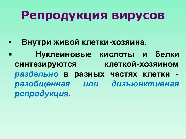 Репродукция вирусов Внутри живой клетки-хозяина. Нуклеиновые кислоты и белки синтезируются клеткой-хозяином