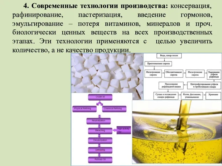 4. Современные технологии производства: консервация, рафинирование, пастеризация, введение гормонов, эмульгирование –