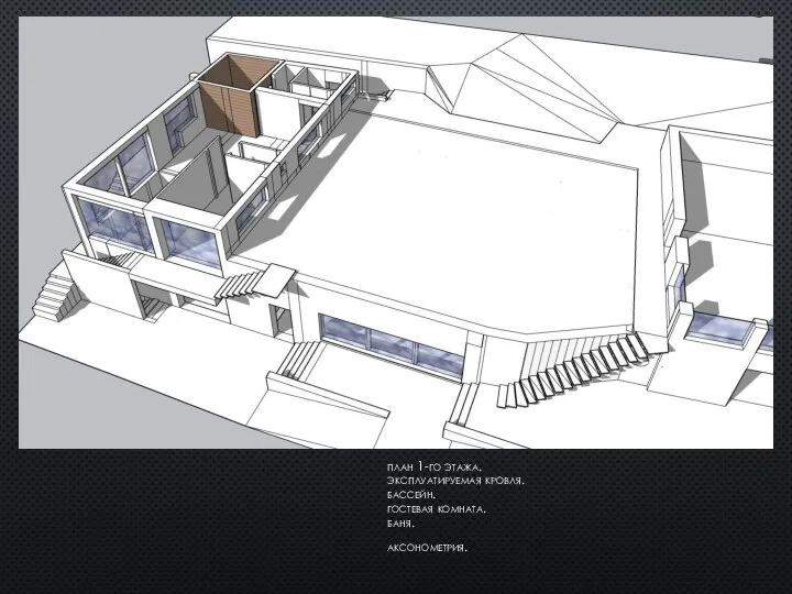 план 1-го этажа. эксплуатируемая кровля. бассейн. гостевая комната. баня. аксонометрия.