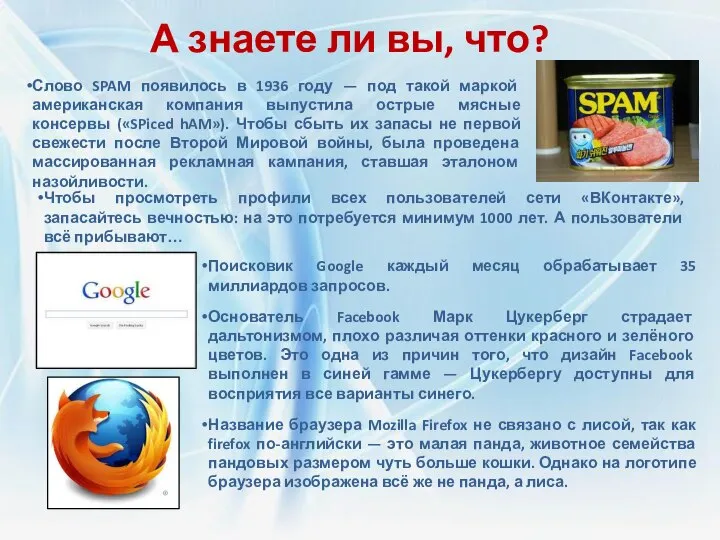 А знаете ли вы, что? Слово SPAM появилось в 1936 году