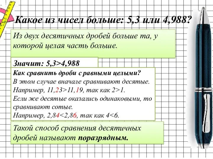 Какое из чисел больше: 5,3 или 4,988? Из двух десятичных дробей