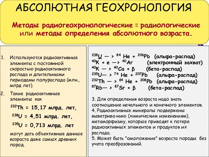 АБСОЛЮТНАЯ ГЕОХРОНОЛОГИЯ Методы радиогеохронологические = радиологические или методы определения абсолютного возраста.