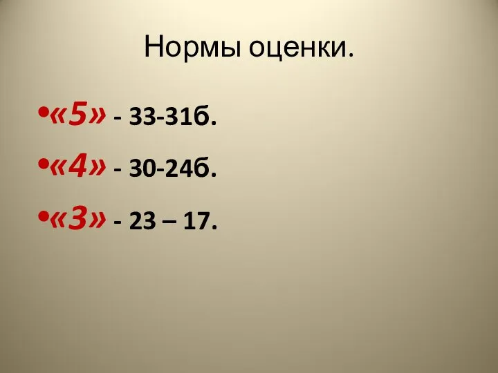 Нормы оценки. «5» - 33-31б. «4» - 30-24б. «3» - 23 – 17.