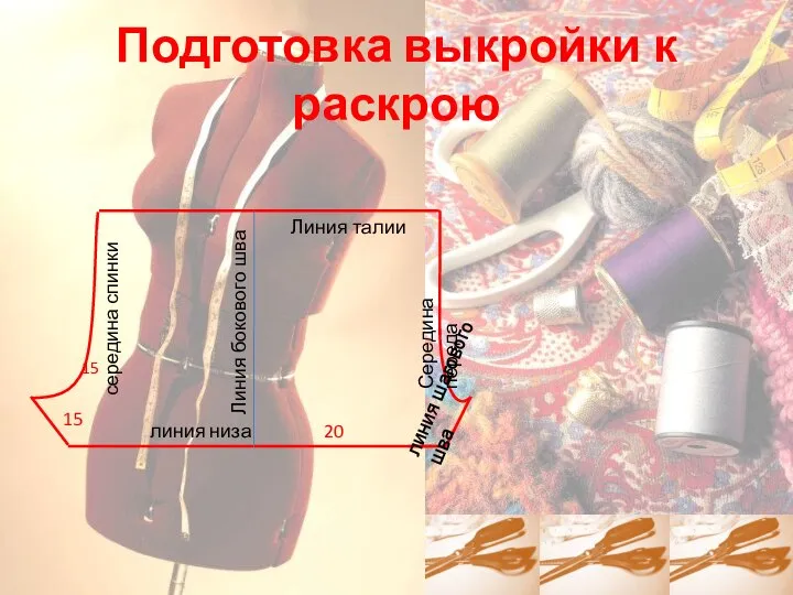 Подготовка выкройки к раскрою линия низа Линия бокового шва Линия талии