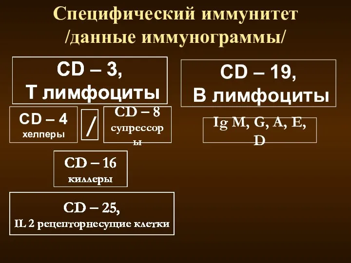 Специфический иммунитет /данные иммунограммы/ CD – 3, Т лимфоциты CD –