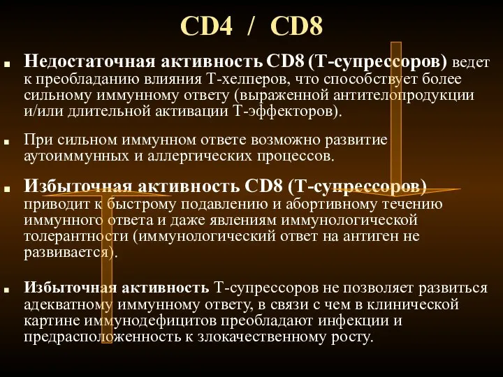 CD4 / CD8 Недостаточная активность CD8 (Т-супрессоров) ведет к преобладанию влияния