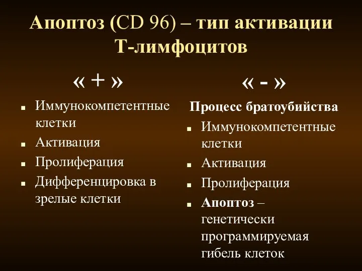 Апоптоз (CD 96) – тип активации Т-лимфоцитов « + » Иммунокомпетентные