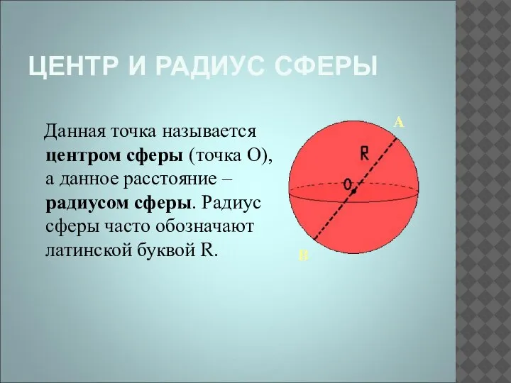 ЦЕНТР И РАДИУС СФЕРЫ Данная точка называется центром сферы (точка О),