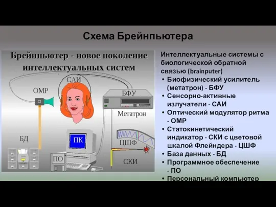 Схема Брейнпьютера Интеллектуальные системы с биологической обратной связью (brainputer) Биофизический усилитель