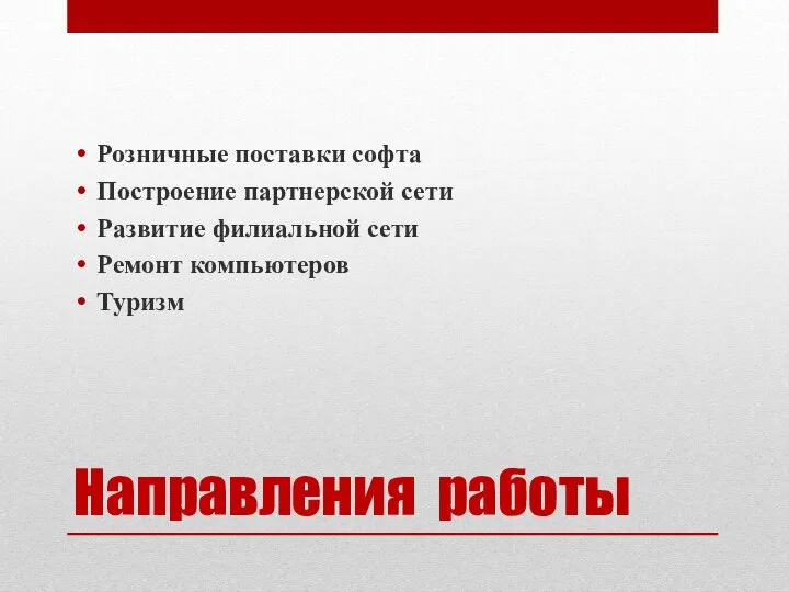 Направления работы Розничные поставки софта Построение партнерской сети Развитие филиальной сети Ремонт компьютеров Туризм