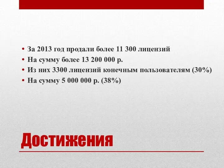 Достижения За 2013 год продали более 11 300 лицензий На сумму