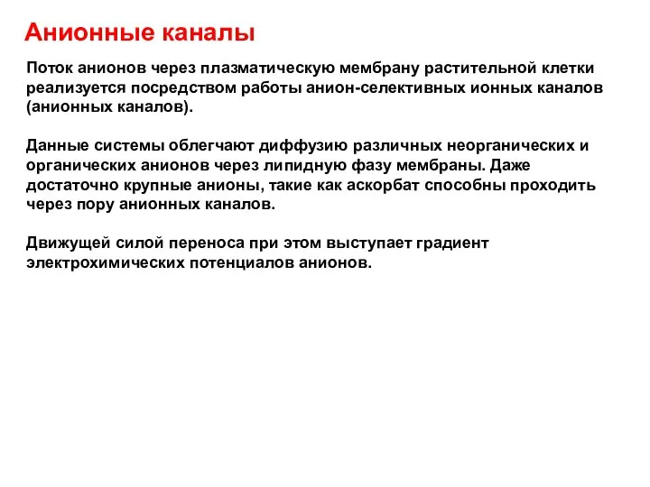 Анионные каналы Поток анионов через плазматическую мембрану растительной клетки реализуется посредством