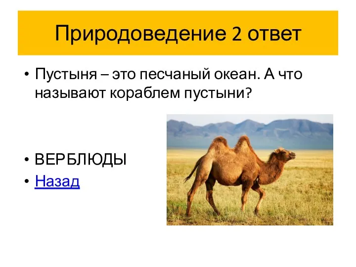 Природоведение 2 ответ Пустыня – это песчаный океан. А что называют кораблем пустыни? ВЕРБЛЮДЫ Назад