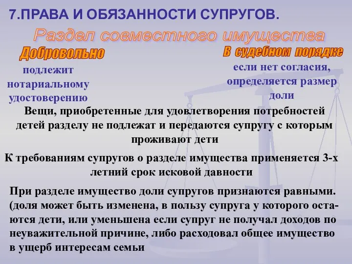 7.ПРАВА И ОБЯЗАННОСТИ СУПРУГОВ. Раздел совместного имущества Добровольно В судебном порядке