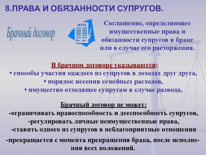 8.ПРАВА И ОБЯЗАННОСТИ СУПРУГОВ. Брачный договор Соглашение, определяющее имущественные права и