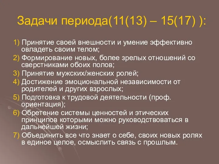 Задачи периода(11(13) – 15(17) ): 1) Принятие своей внешности и умение