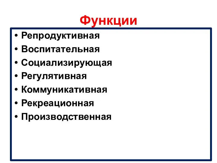 Функции Репродуктивная Воспитательная Социализирующая Регулятивная Коммуникативная Рекреационная Производственная