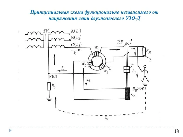 Принципиальная схема функционально независимого от напряжения сети двухполюсного УЗО-Д 18