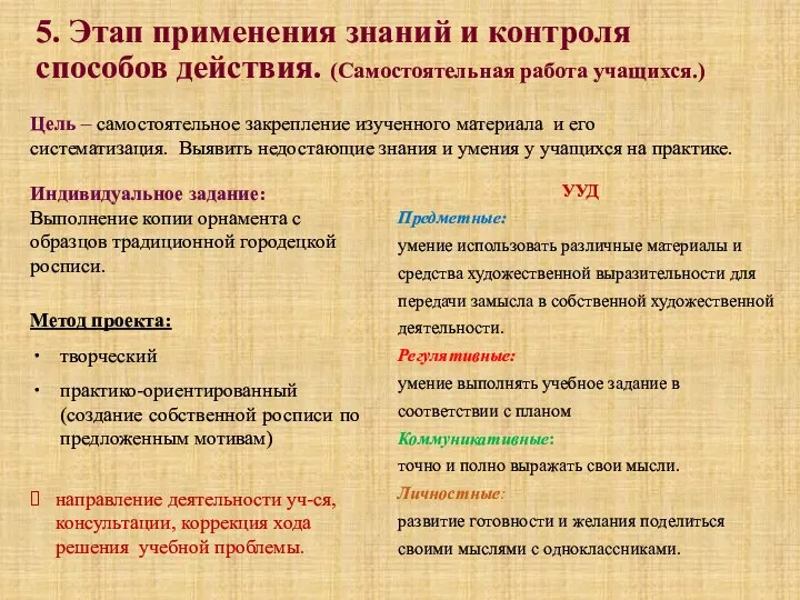 5. Этап применения знаний и контроля способов действия. (Самостоятельная работа учащихся.)