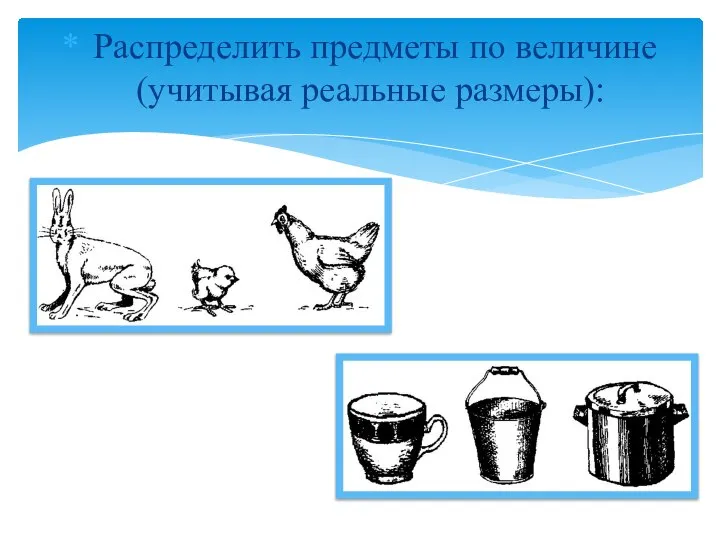 Распределить предметы по величине (учитывая реальные размеры):