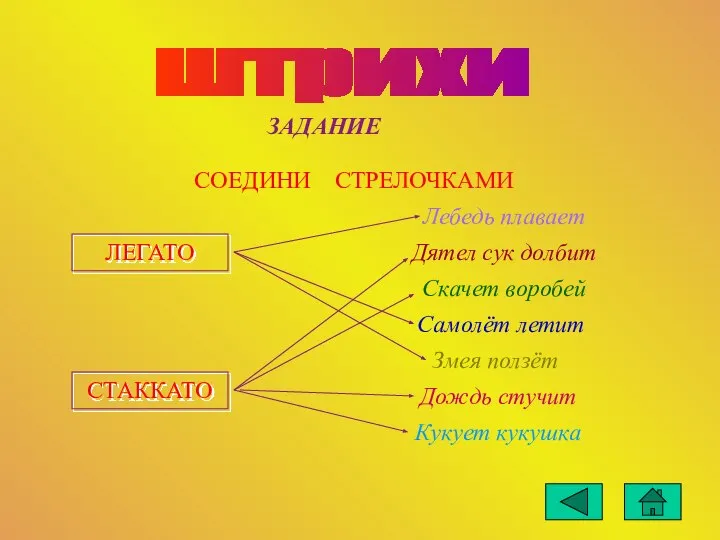 штрихи ЛЕГАТО СТАККАТО ЗАДАНИЕ СОЕДИНИ СТРЕЛОЧКАМИ Лебедь плавает Дятел сук долбит