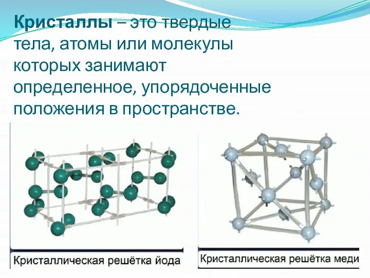 Кристаллы – это твердые тела, атомы или молекулы которых занимают определенное, упорядоченные положения в пространстве.