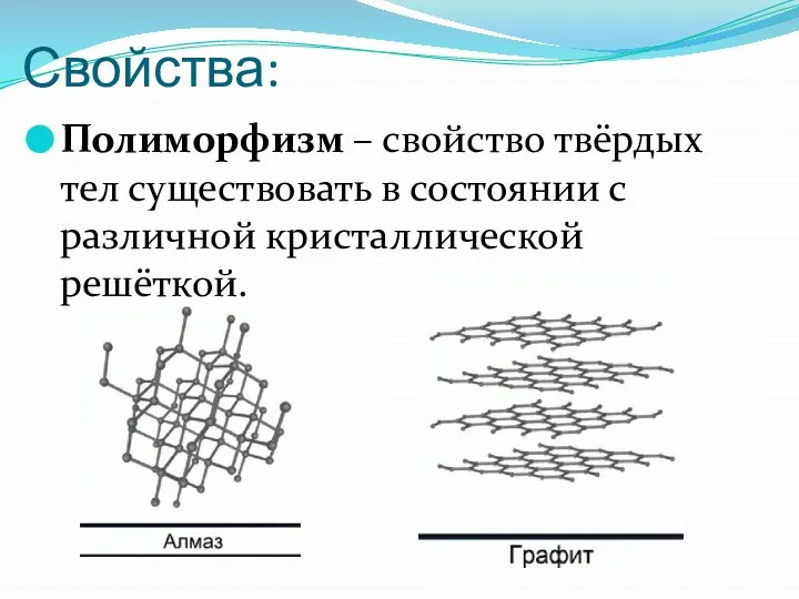 Свойства: Полиморфизм – свойство твёрдых тел существовать в состоянии с различной кристаллической решёткой.