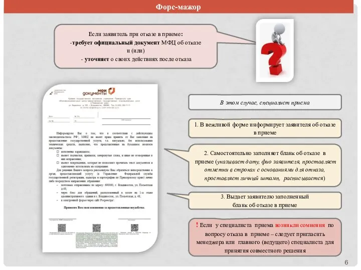 Если заявитель при отказе в приеме: -требует официальный документ МФЦ об
