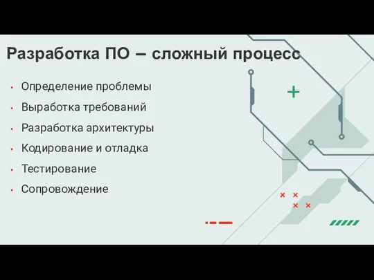 Определение проблемы Выработка требований Разработка архитектуры Кодирование и отладка Тестирование Сопровождение Разработка ПО – сложный процесс