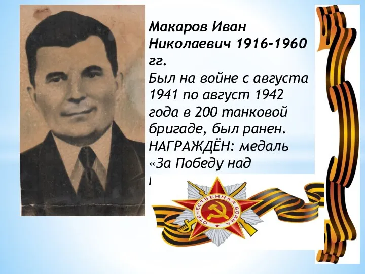 Макаров Иван Николаевич 1916-1960 гг. Был на войне с августа 1941