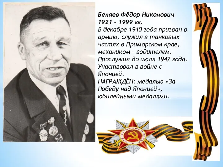 Беляев Фёдор Никонович 1921 – 1999 гг. В декабре 1940 года