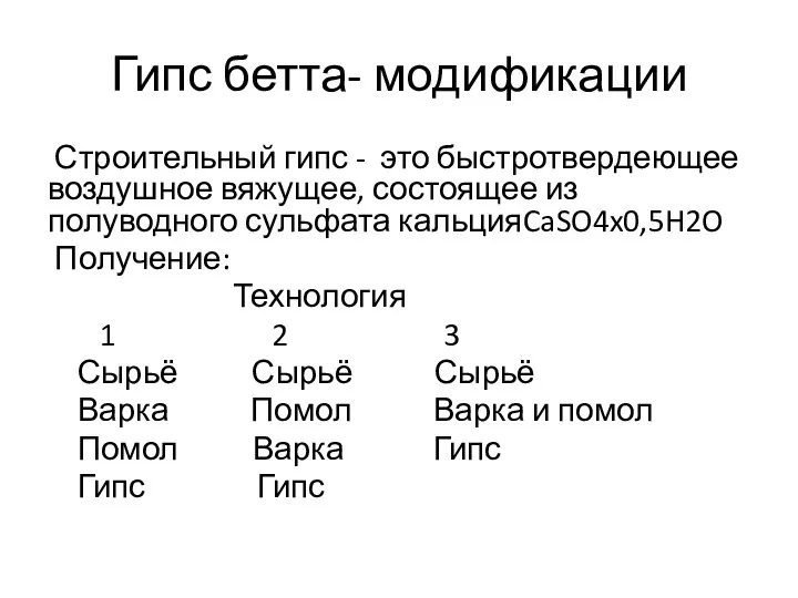 Гипс бетта- модификации Строительный гипс - это быстротвердеющее воздушное вяжущее, состоящее