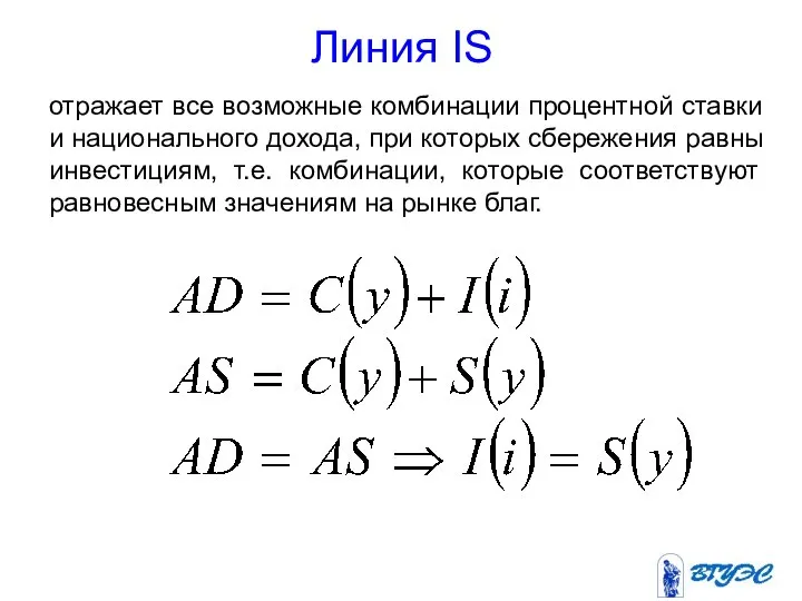 Линия IS отражает все возможные комбинации процентной ставки и национального дохода,