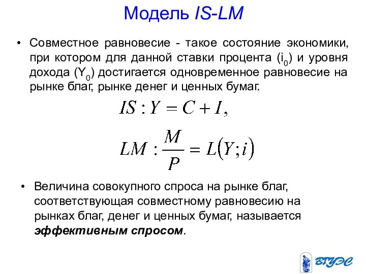 Модель IS-LM Величина совокупного спроса на рынке благ, соответствующая совместному равновесию