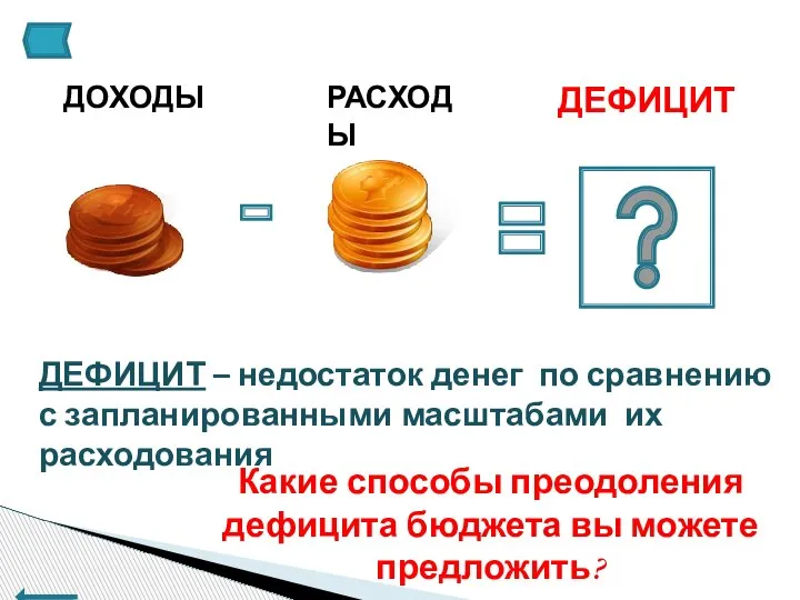 ДЕФИЦИТ – недостаток денег по сравнению с запланированными масштабами их расходования