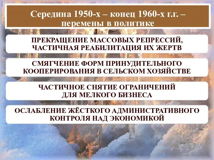 Середина 1950-х – конец 1960-х г.г. – перемены в политике ПРЕКРАЩЕНИЕ