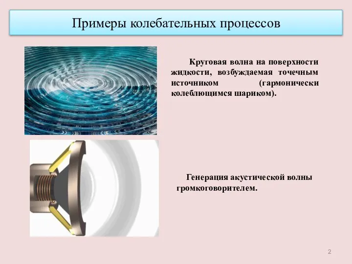 Примеры колебательных процессов Круговая волна на поверхности жидкости, возбуждаемая точечным источником
