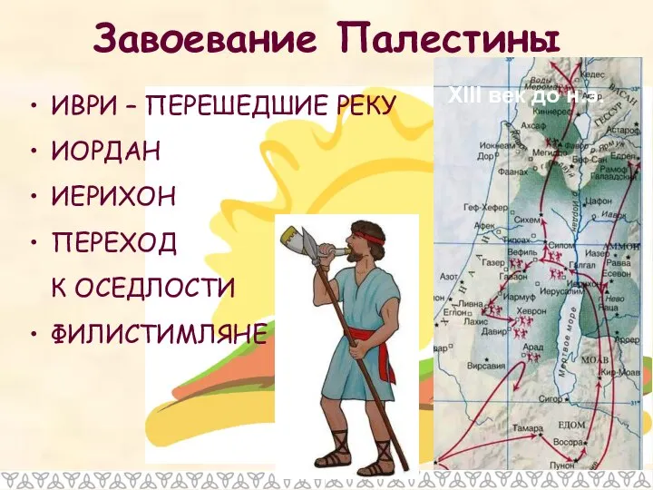 ИВРИ – ПЕРЕШЕДШИЕ РЕКУ ИОРДАН ИЕРИХОН ПЕРЕХОД К ОСЕДЛОСТИ ФИЛИСТИМЛЯНЕ Завоевание Палестины XIII век до н.э.