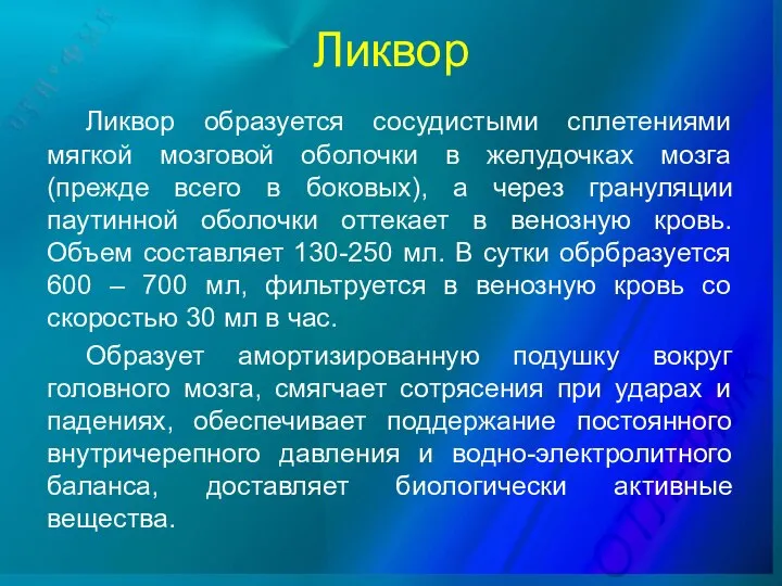 Ликвор Ликвор образуется сосудистыми сплетениями мягкой мозговой оболочки в желудочках мозга