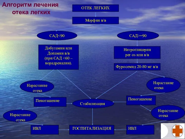 ОТЕК ЛЕГКИХ Нитроглицерин per os или в/в Фуросемид 20-80 мг в/в