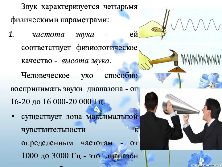 Звук характеризуется четырьмя физическими параметрами: частота звука - ей соответствует физиологическое